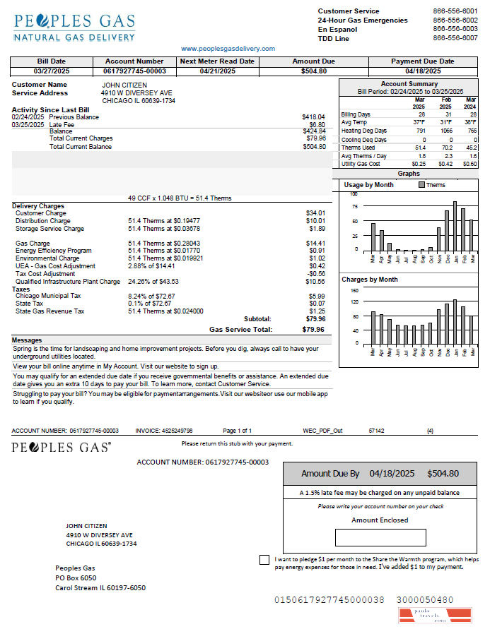 USA Peoples Gas utility bill template in Word and PDF formats, version 2